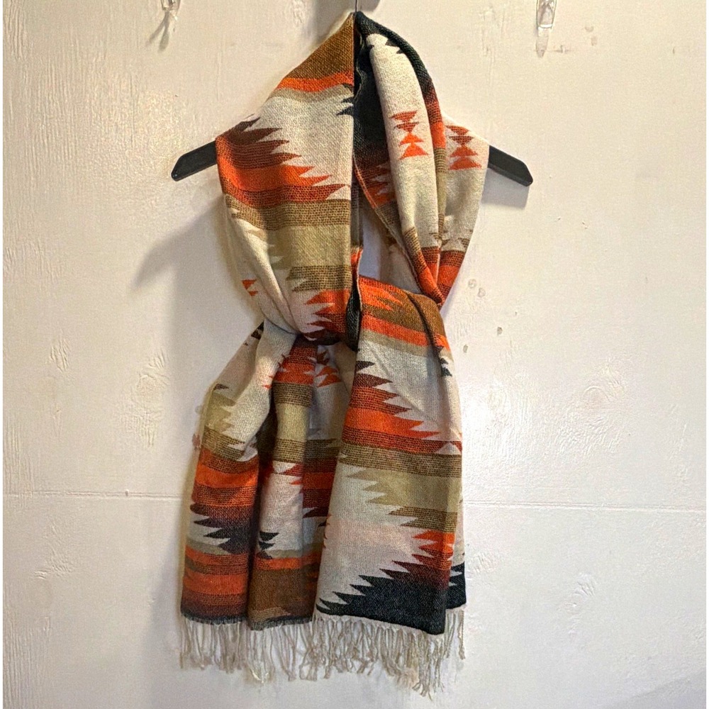 Southwestern Geometric Fringed Multicolor Scarf Wrap 27 x 80 in